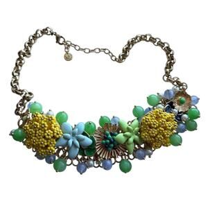 Talbots Floral Statement Necklace Beaded Flowers and Faux Pearls Gold Tone Chain